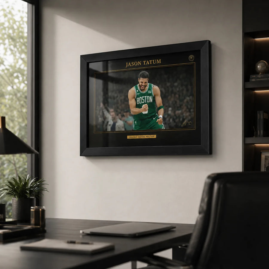 Jayson Tatum Celtics wall art in black frame above a desk in a clean premium office setting.