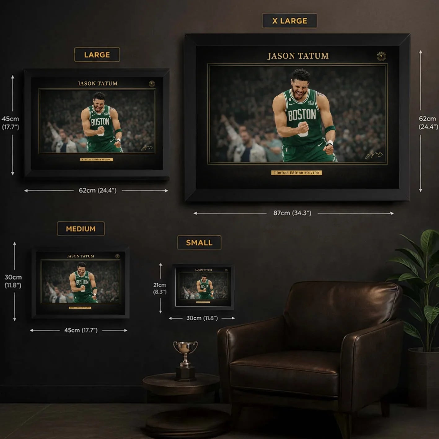 Jayson Tatum framed basketball wall art size guide showing small, medium, large and XL options.