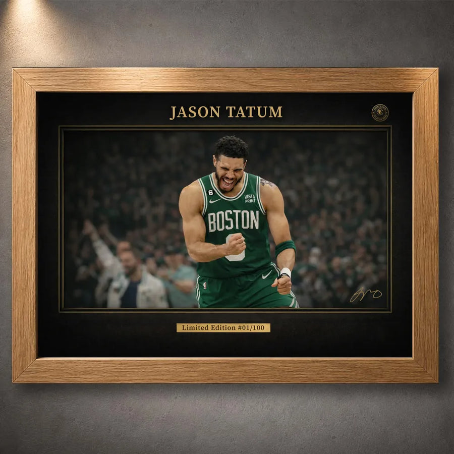 Jayson Tatum Boston Celtics basketball wall art in an oak frame with black matting and gold details.
