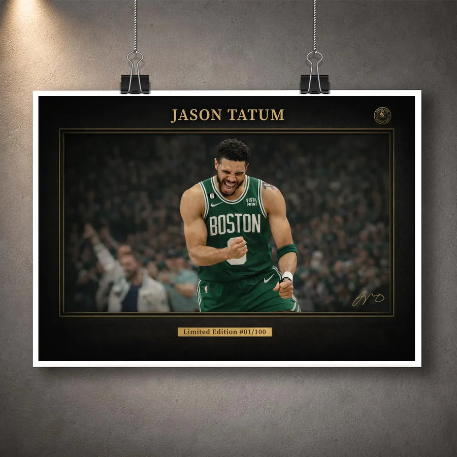 Unframed Jayson Tatum Boston Celtics basketball wall art with black border and gold limited edition plate.