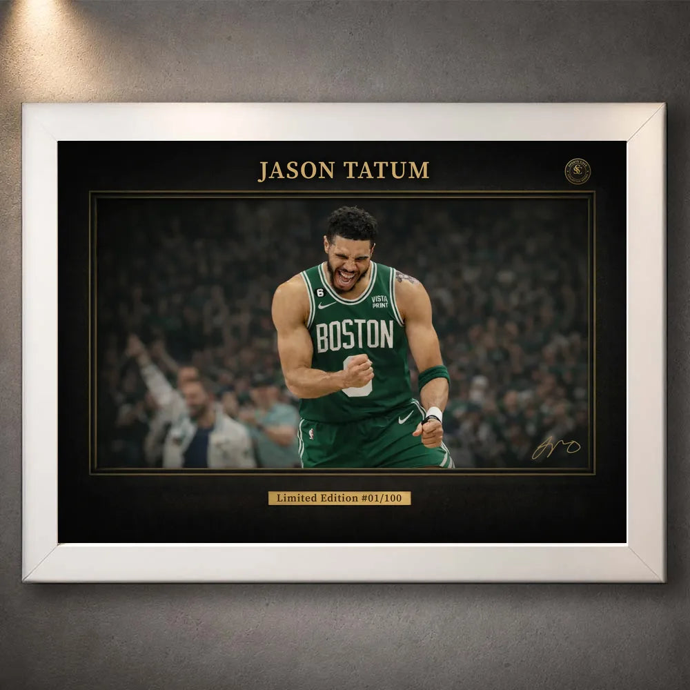 Jayson Tatum Boston Celtics basketball wall art in a white frame with black matting and gold border.