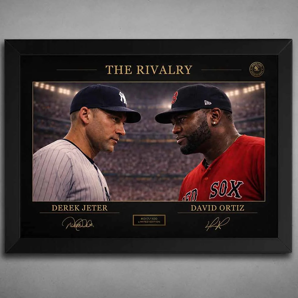 Framed Derek Jeter vs David Ortiz rivalry artwork in black frame, detailed baseball scene, premium sports wall art display