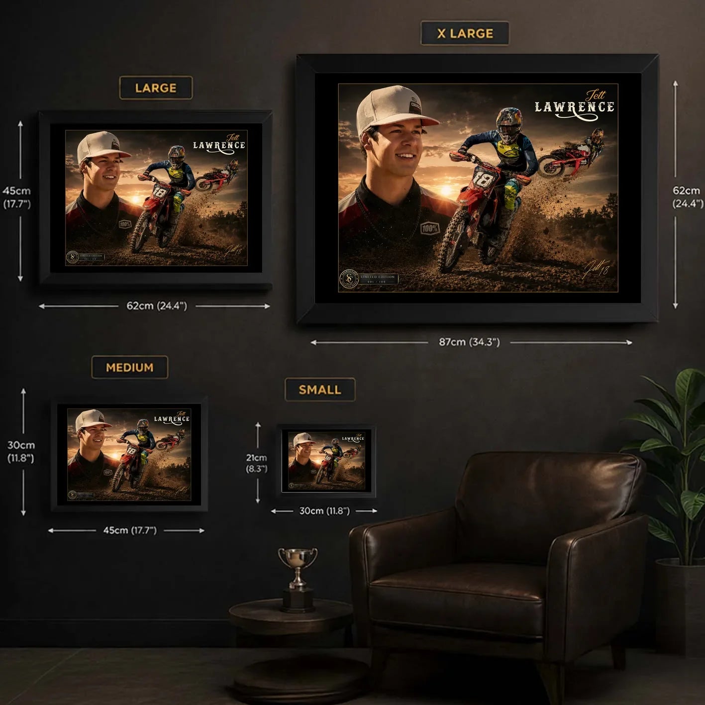 Jett Lawrence motocross wall art size guide showing Small, Medium, Large and X Large black framed dimensions.