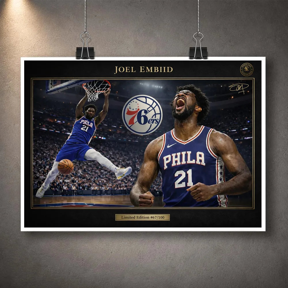 Unframed Joel Embiid 76ers NBA wall art print clipped against a grey wall background.