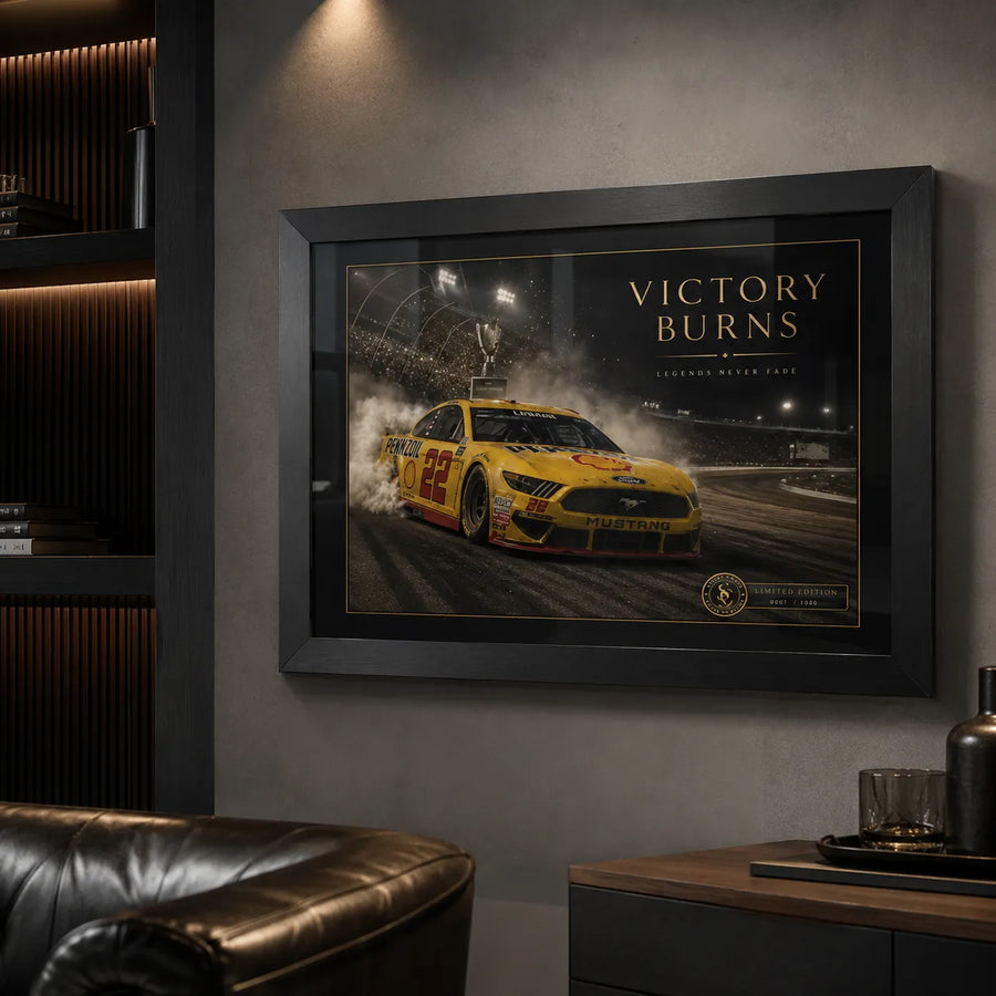 Joey Logano No. 22 Mustang motorsport wall art in a dark collector lounge with timber shelving and leather seating.