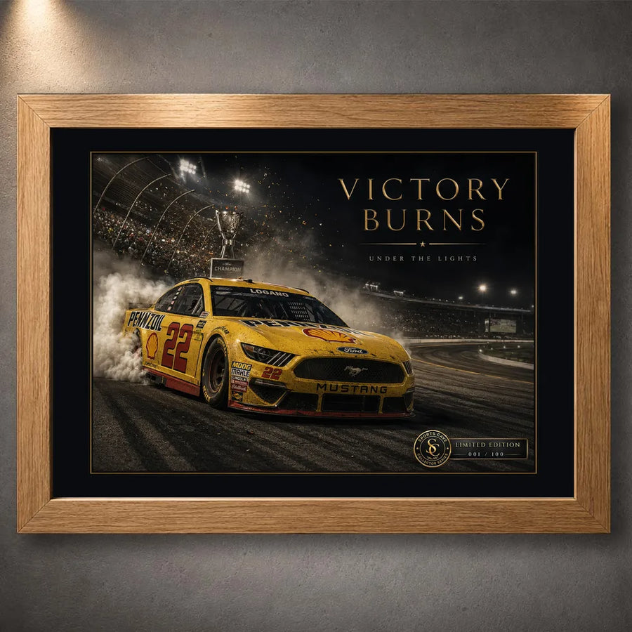 Oak framed Victory Burns Joey Logano Ford Mustang wall art for a motorsport fan’s home, office or collection.