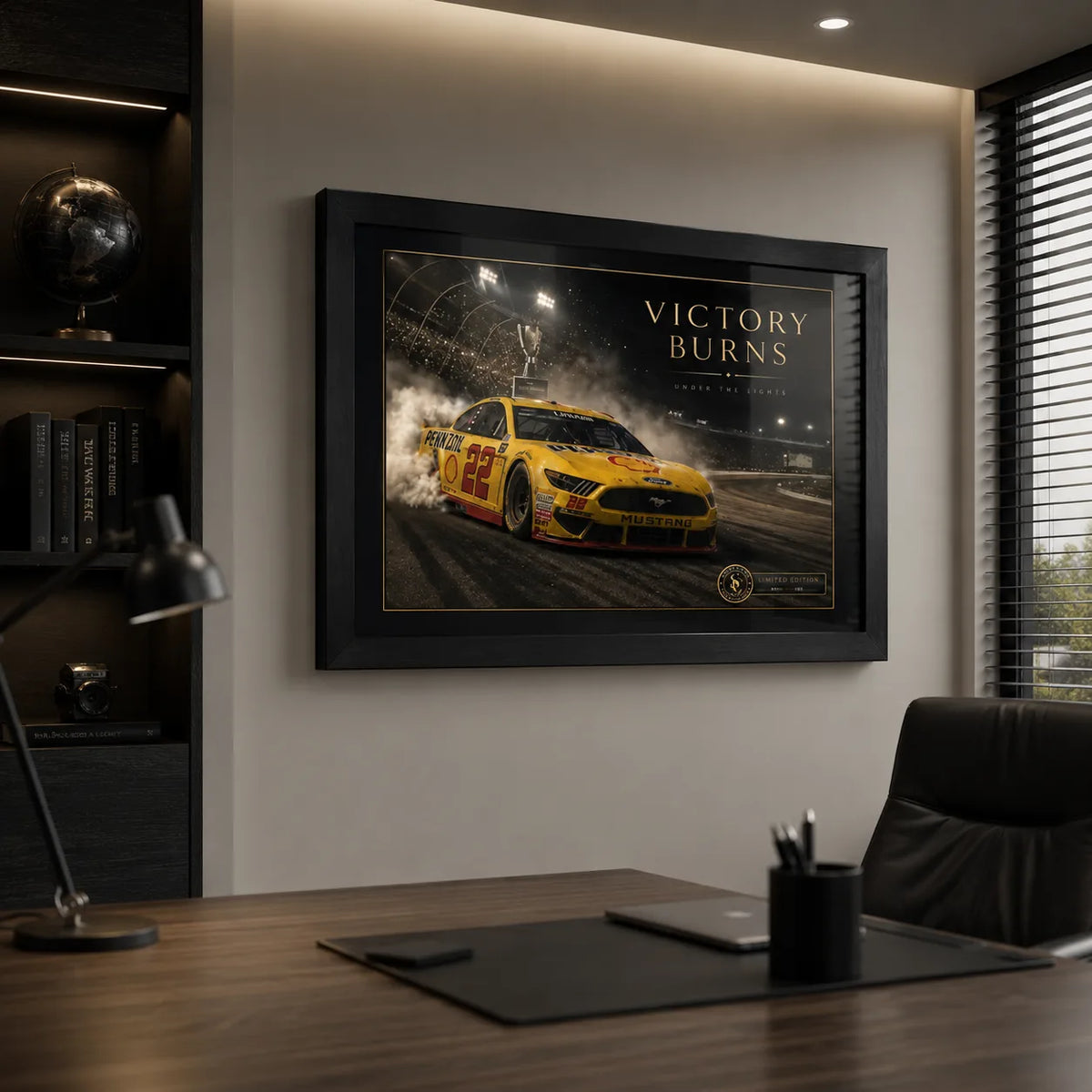 Limited edition Joey Logano Ford Mustang wall art displayed in a refined home office above a timber desk.