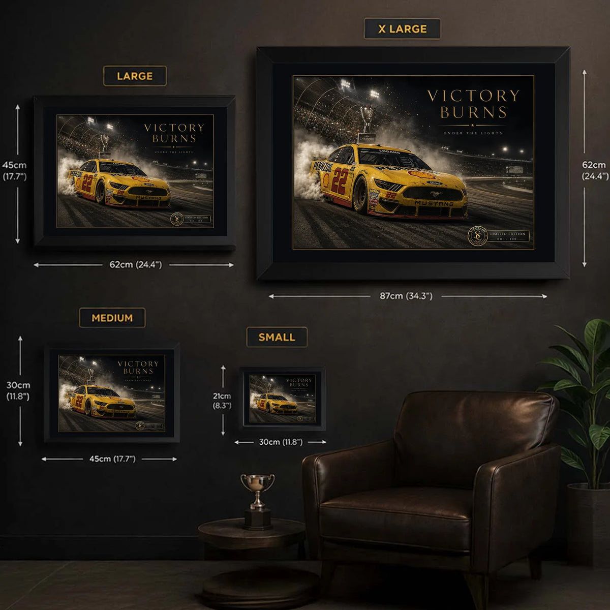 Victory Burns wall art size guide showing small, medium, large and extra-large framed dimensions.