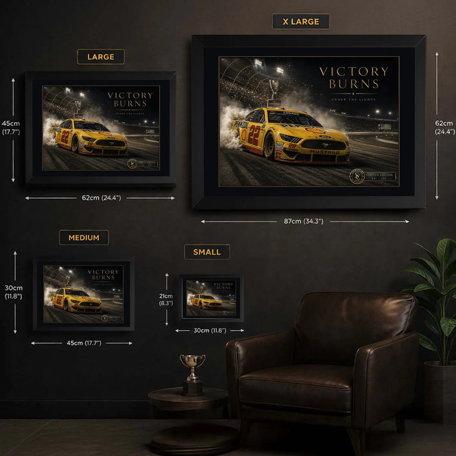 Victory Burns wall art size guide showing small, medium, large and extra-large framed dimensions.