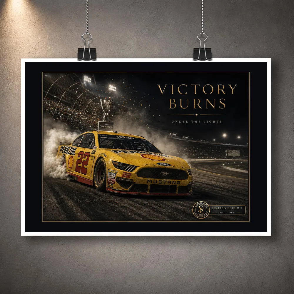 Unframed Victory Burns Joey Logano Ford Mustang motorsport wall art shown as a bordered print hanging from clips.
