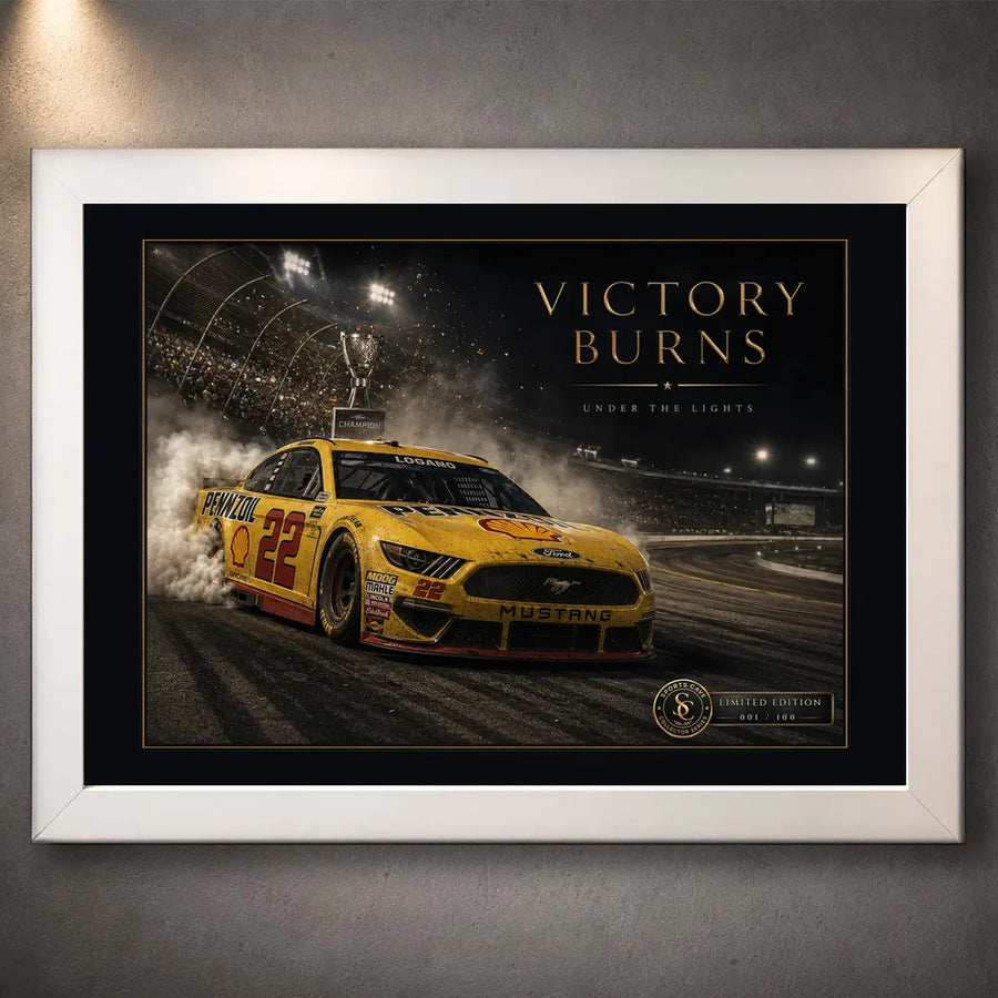 White framed Victory Burns Joey Logano Ford Mustang wall art with the championship burnout scene fully visible.