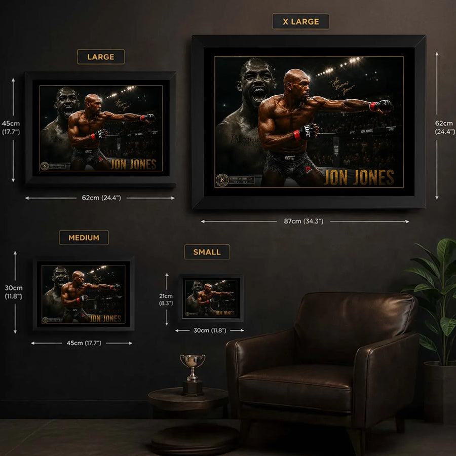 Jon Jones UFC wall art size guide showing Small Medium Large and X Large framed dimensions in centimetres and inches.