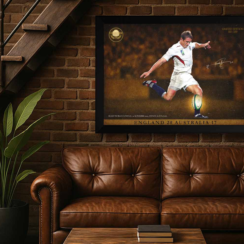 Jonny Wilkinson black frame limited edition wall art displayed in a brick man cave, ideal for premium sports collectibles fans.