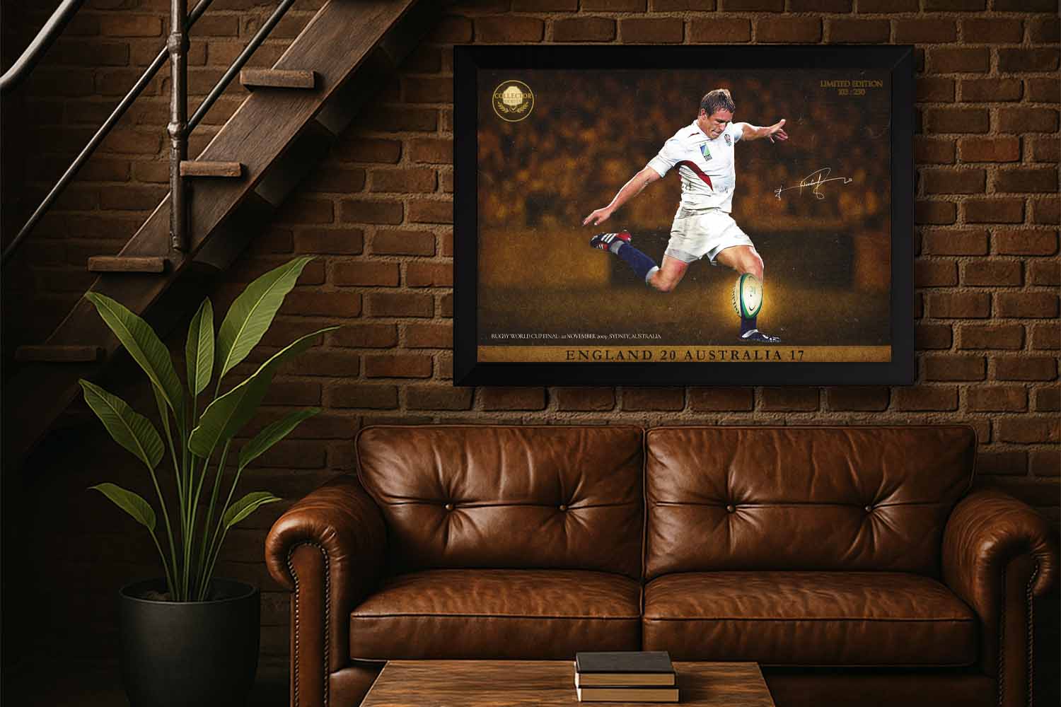 Jonny Wilkinson black frame limited edition wall art displayed in a brick man cave, ideal for premium sports collectibles fans.