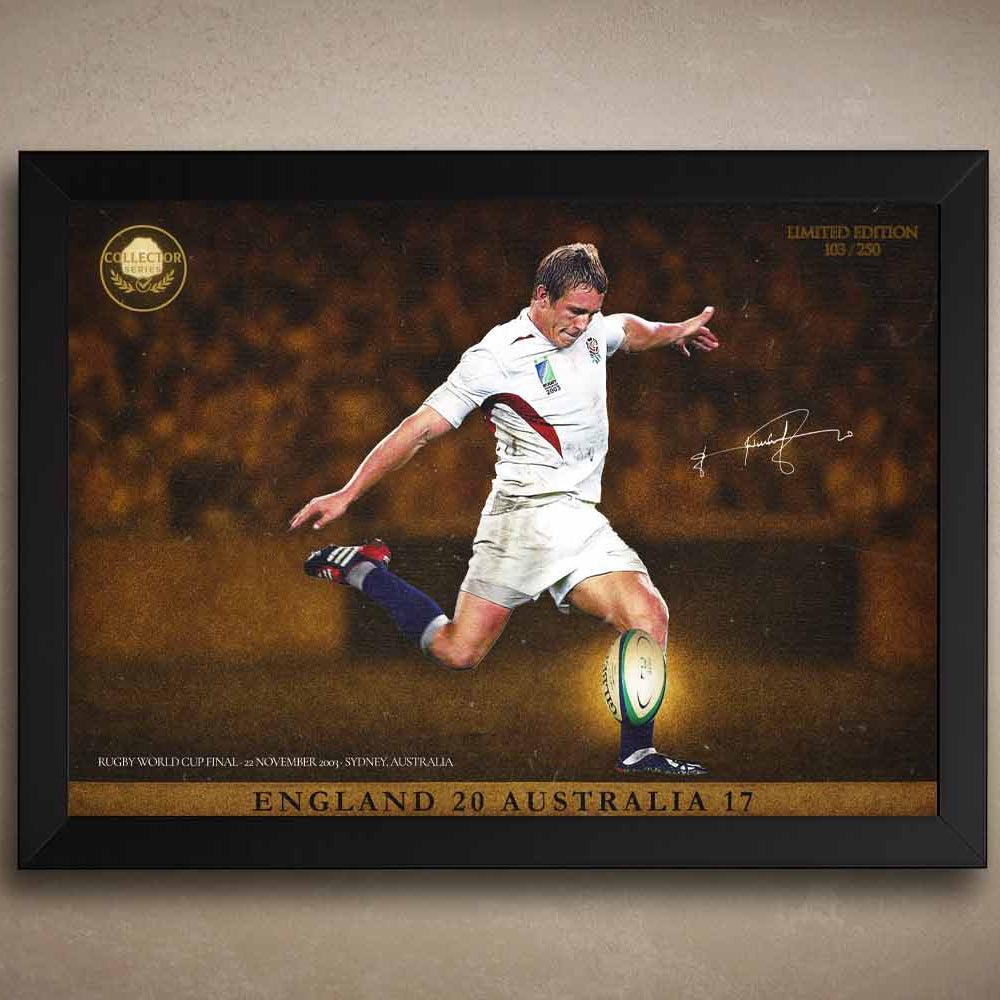 Framed Jonny Wilkinson drop goal art from 2003 World Cup Final, perfect man cave wall décor and sports wall art.