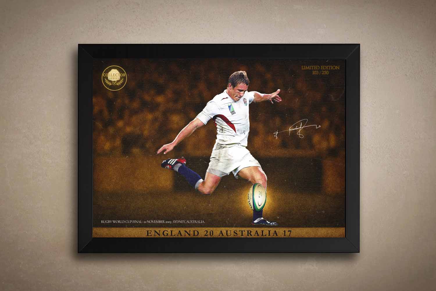 Framed Jonny Wilkinson drop goal art from 2003 World Cup Final, perfect man cave wall décor and sports wall art.