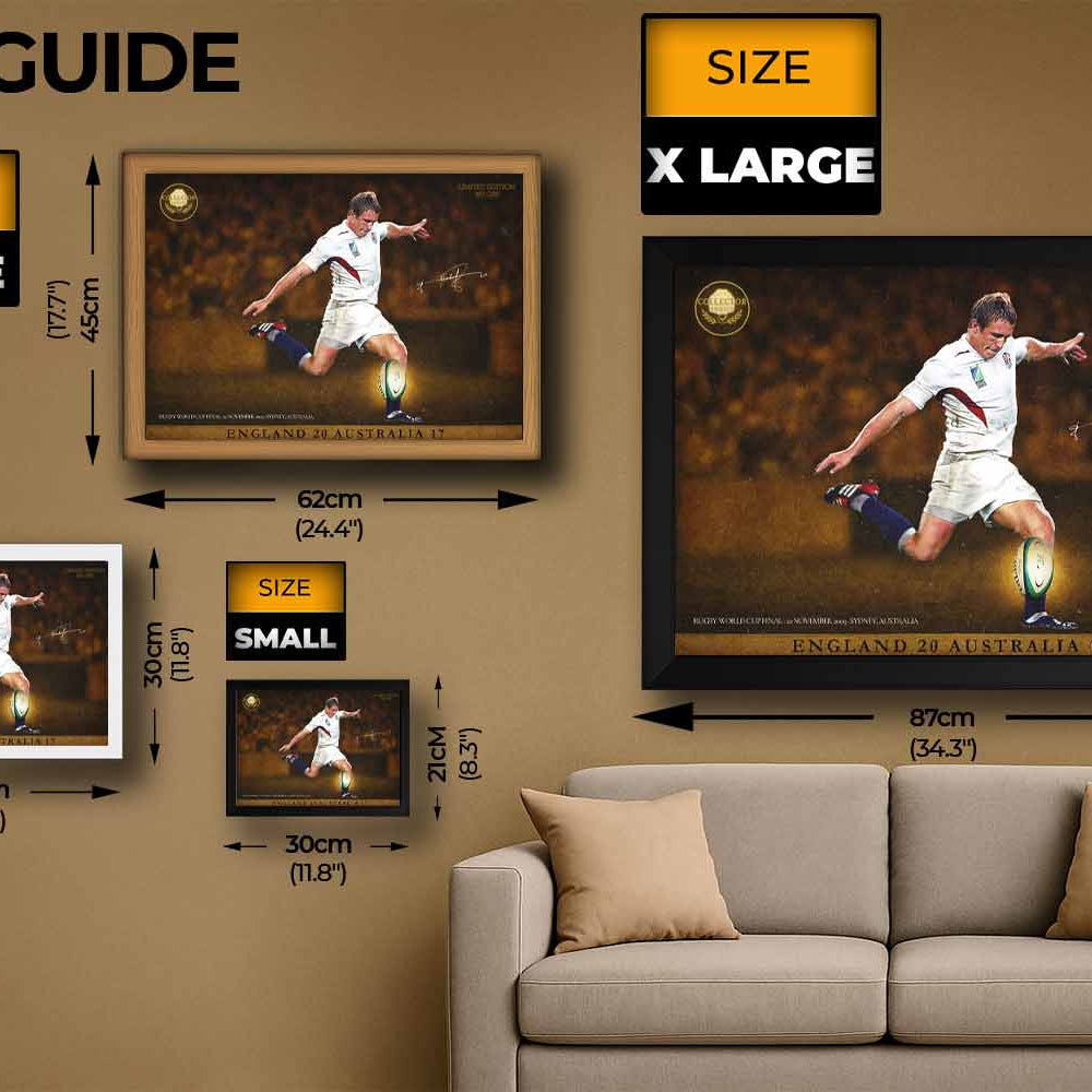 Size guide for Jonny Wilkinson limited edition framed sports art, showing wall display options for premium man cave décor.