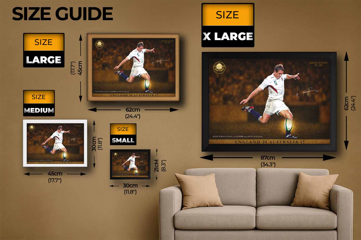 Size guide for Jonny Wilkinson limited edition framed sports art, showing wall display options for premium man cave décor.