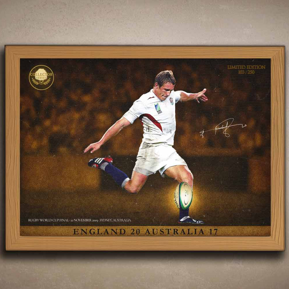 Framed oak Jonny Wilkinson drop goal art from 2003 World Cup Final, perfect man cave wall décor and sports wall art.