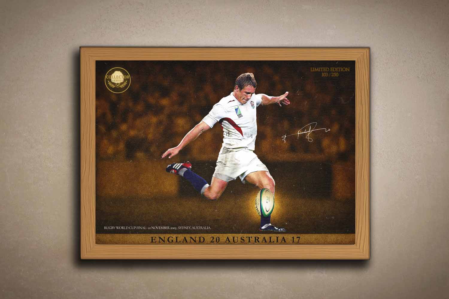 Framed oak Jonny Wilkinson drop goal art from 2003 World Cup Final, perfect man cave wall décor and sports wall art.