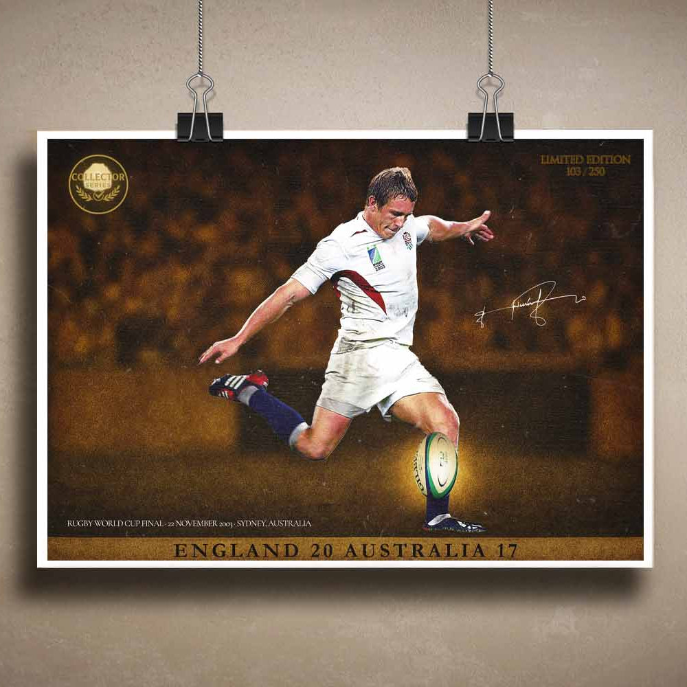 Unframed Jonny Wilkinson drop goal sports art print from 2003 World Cup, perfect for collectors and man cave wall art.