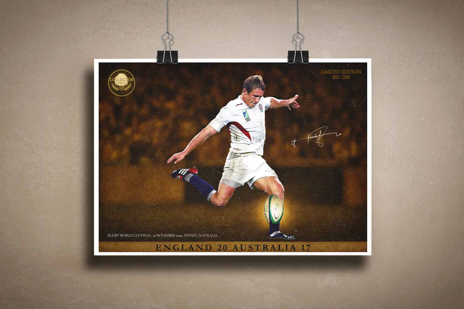 Unframed Jonny Wilkinson drop goal sports art print from 2003 World Cup, perfect for collectors and man cave wall art.