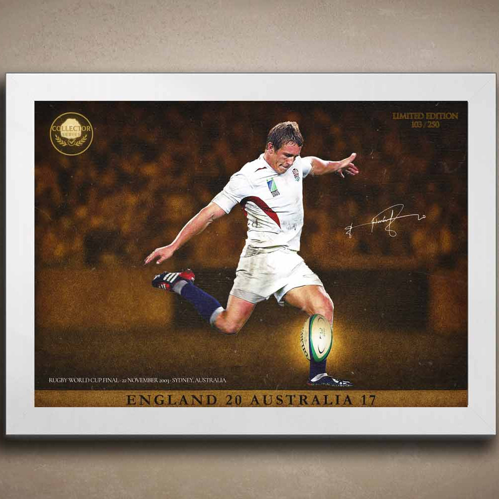 Limited edition Jonny Wilkinson framed sports memorabilia with white frame, iconic wall art for English man cave décor.