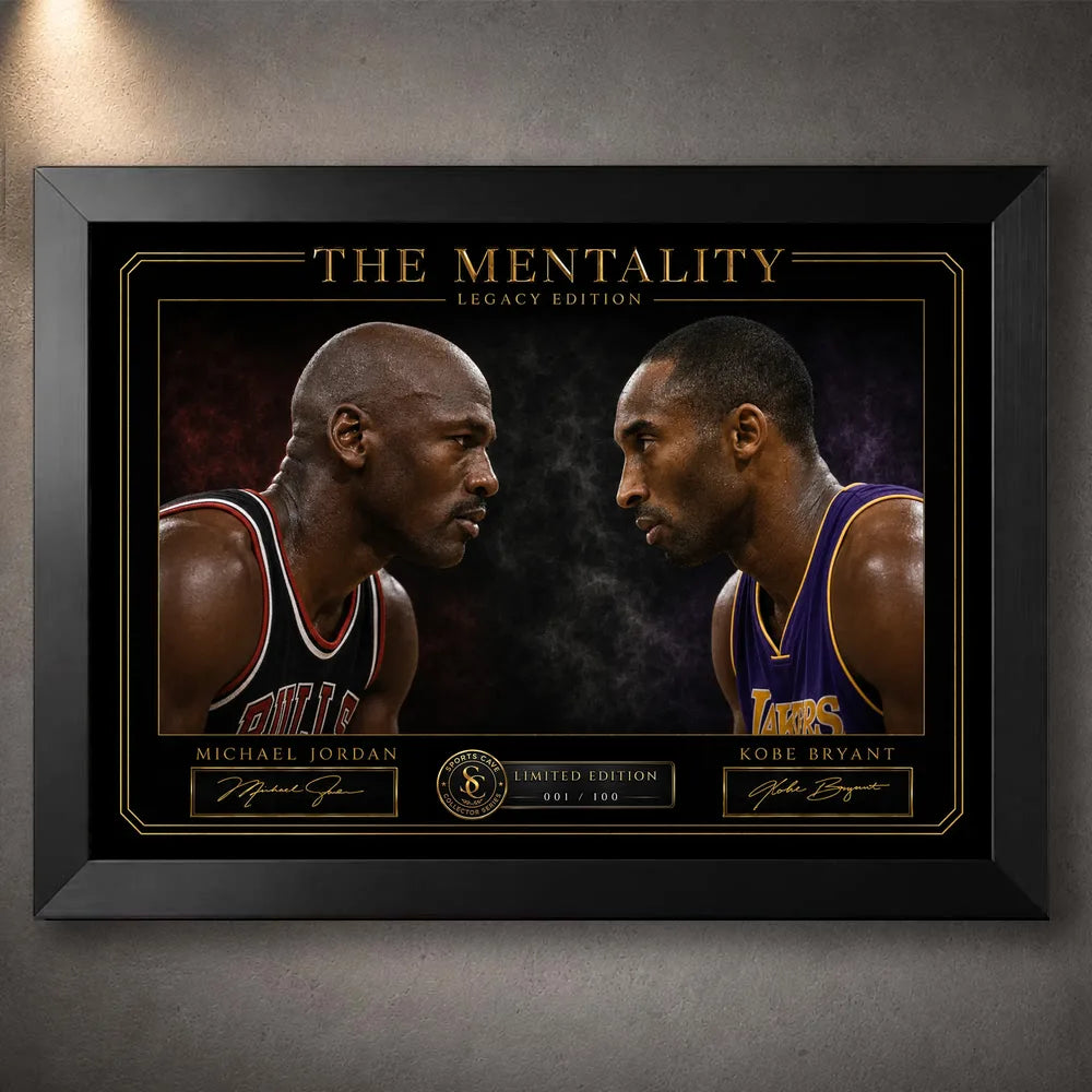 Black framed Jordan vs Bryant basketball wall art featuring The Mentality Legacy Edition face-off artwork.