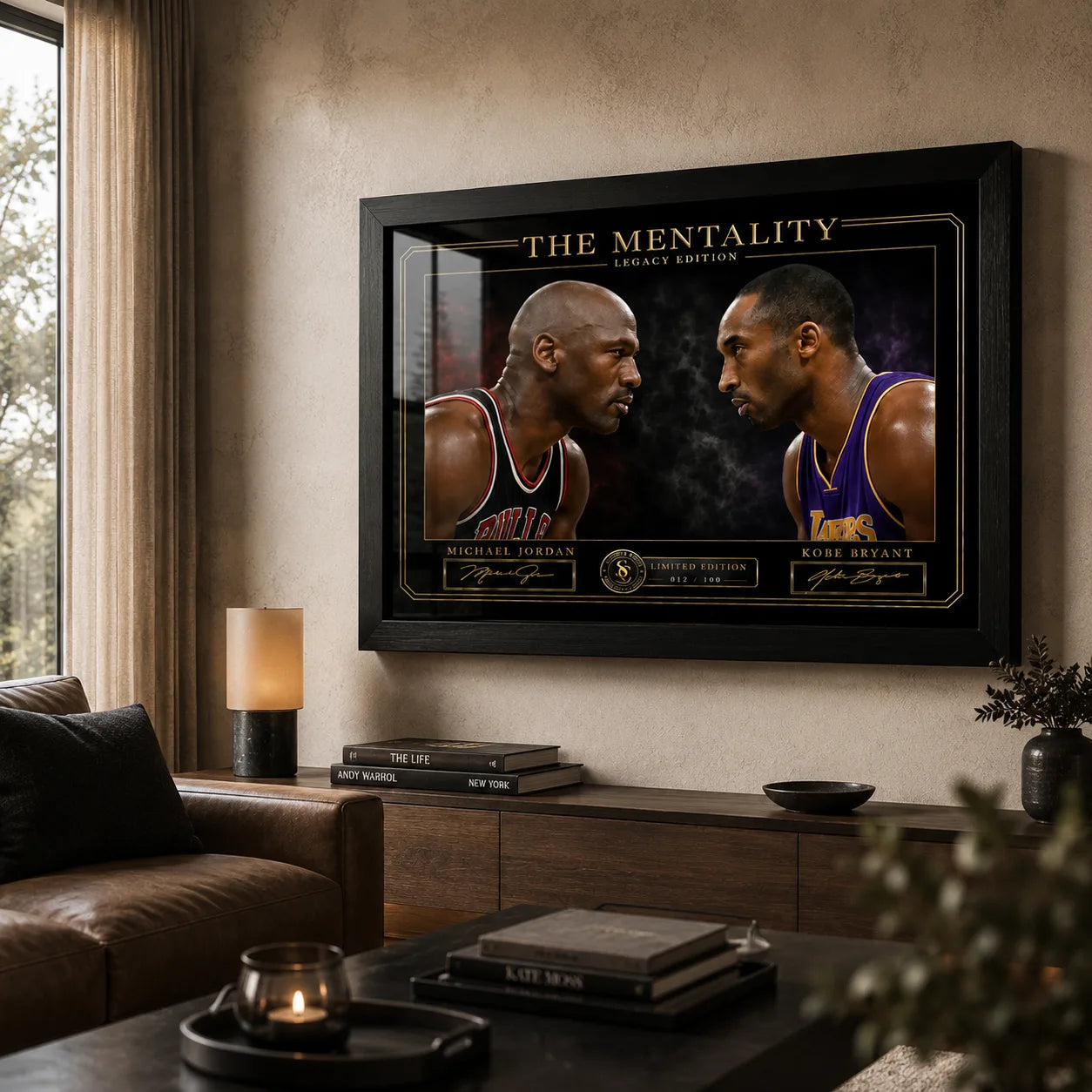 Jordan vs Bryant wall art displayed in a warm contemporary living room above a dark timber console.