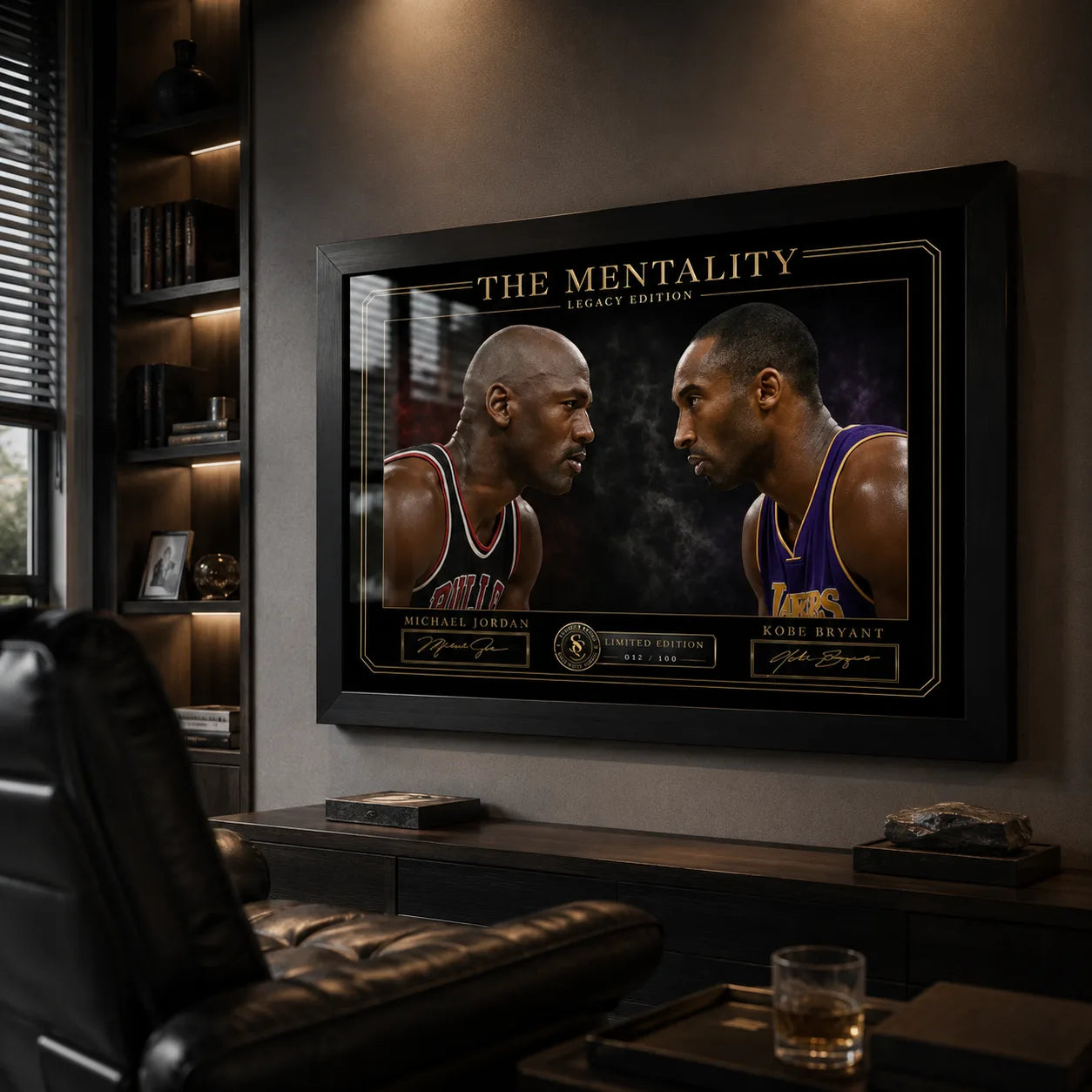 The Mentality basketball wall art shown in a dark man cave with leather seating and warm collector lighting.