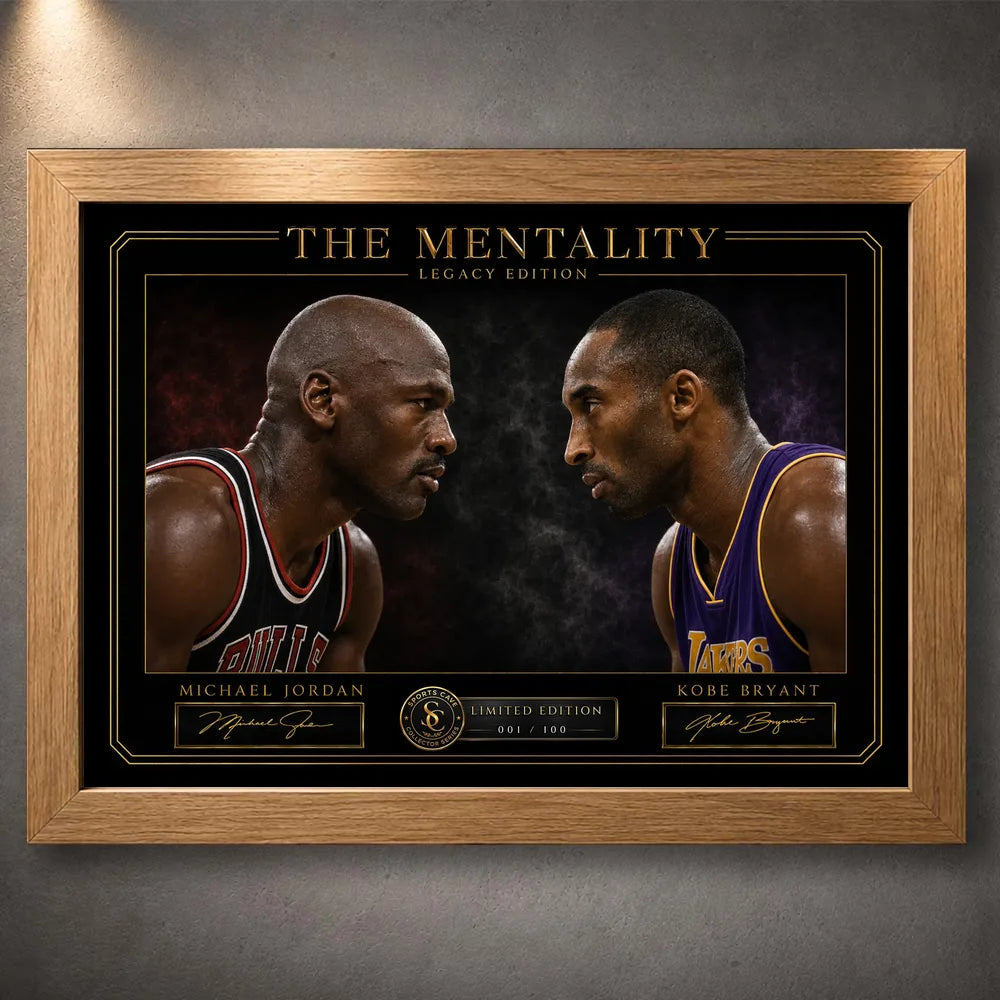 Oak framed Jordan vs Bryant basketball wall art featuring the black and gold Legacy Edition design.