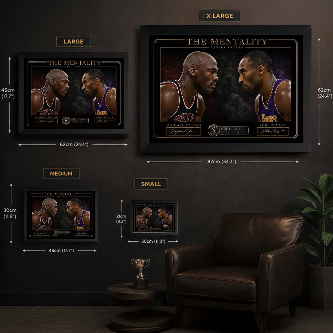 Jordan vs Bryant wall art size guide showing the available framed XL, large, medium and small dimensions.