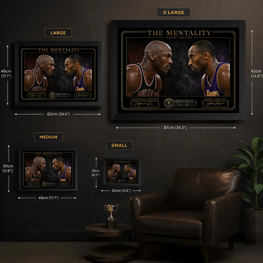 Jordan vs Bryant wall art size guide showing the available framed XL, large, medium and small dimensions.