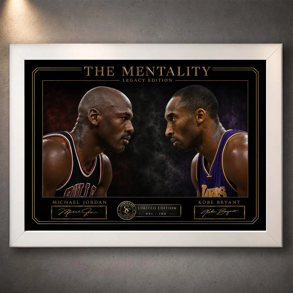 White framed Jordan vs Bryant basketball wall art featuring the premium black and gold collector design.