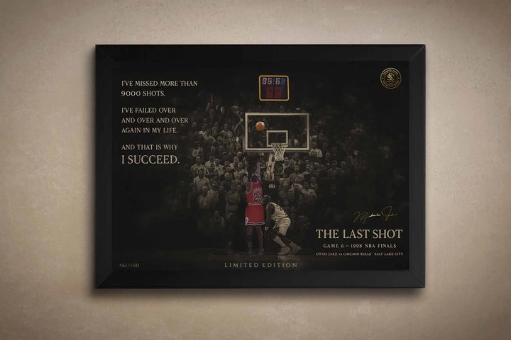 Framed sports art of Michael Jordan’s iconic last shot, featuring gold collector’s edition detailing — a premium piece of NBA wall art for man cave wall décor.