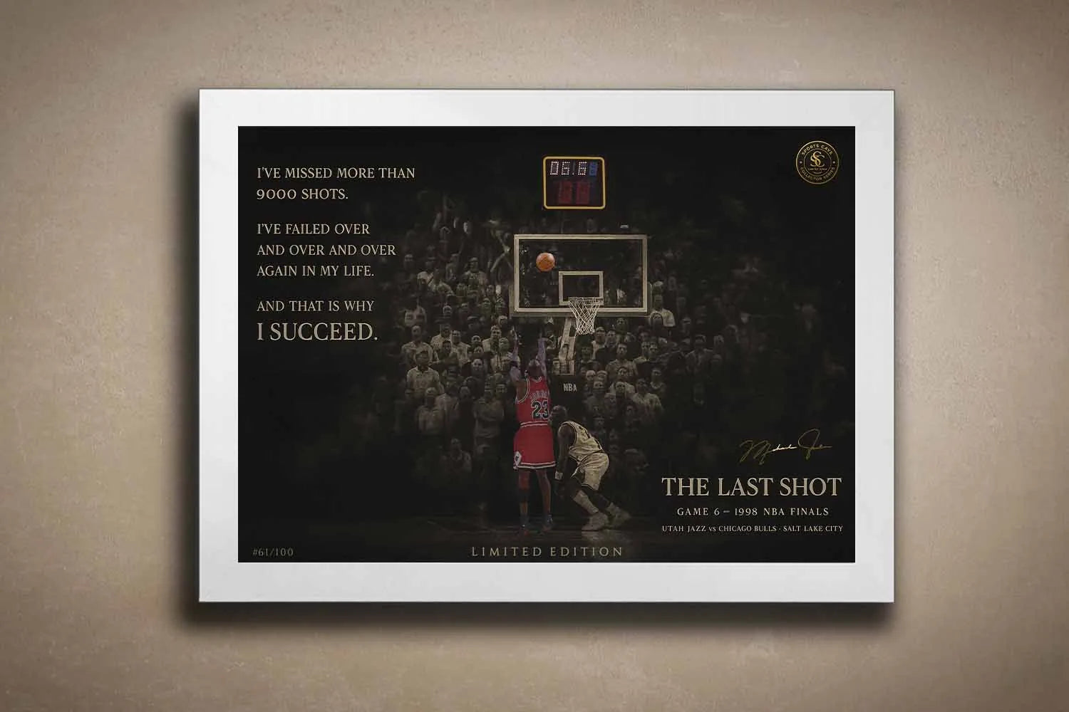 Premium framed sports art of Michael Jordan’s last shot in a sleek white frame — a must-have piece of limited edition sports prints for man cave wall décor.