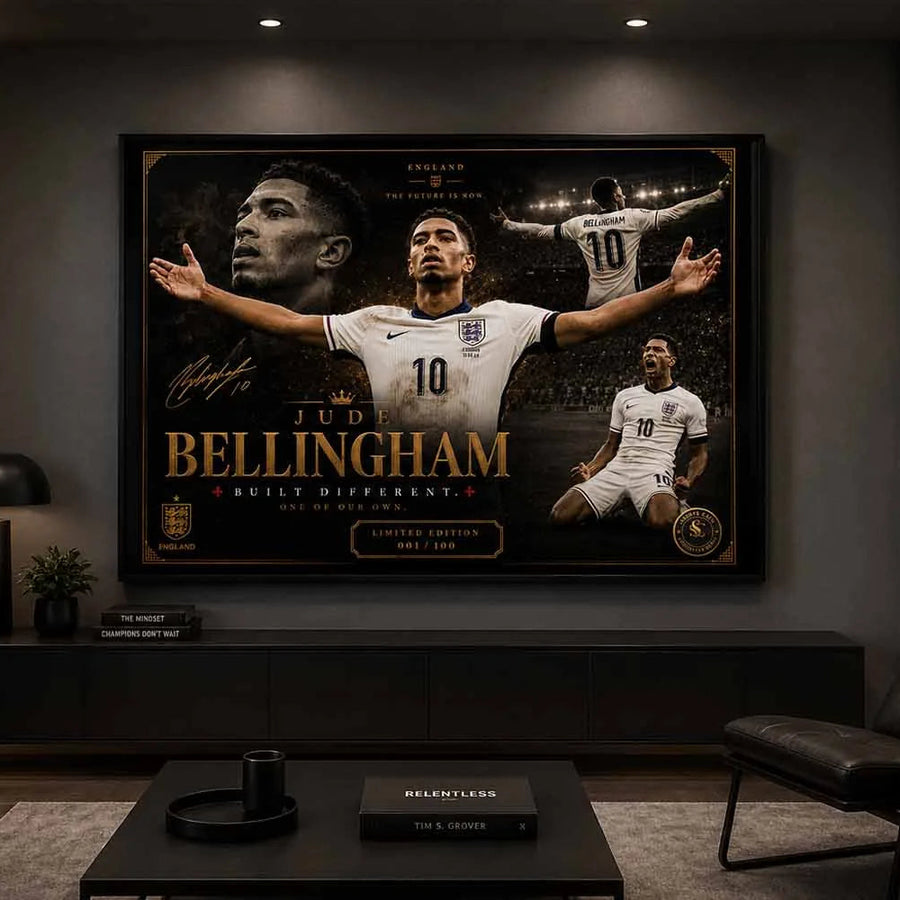 Premium sports collectibles display of Jude Bellingham framed art in a dark modern living room setting.