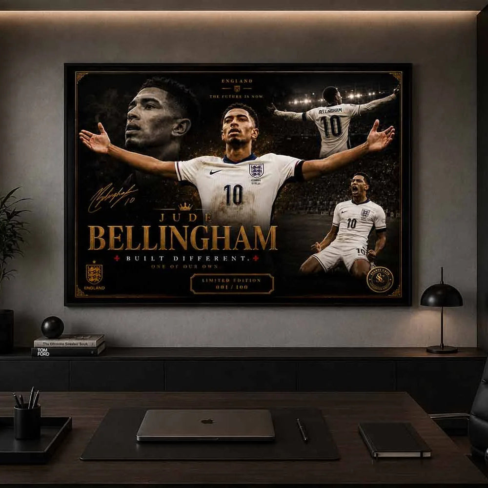 Framed sports art of Jude Bellingham showcased in a sleek office interior, highlighting luxury sports wall art.