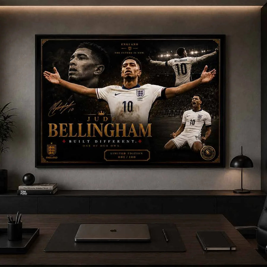 Framed sports art of Jude Bellingham showcased in a sleek office interior, highlighting luxury sports wall art.