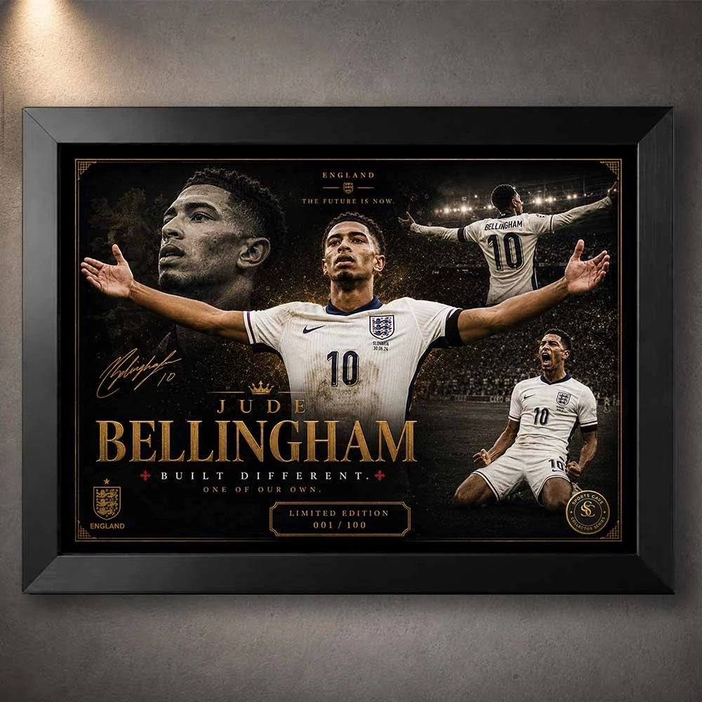 Framed sports art of Jude Bellingham celebrating for England, a limited‑edition design for premium collectors.