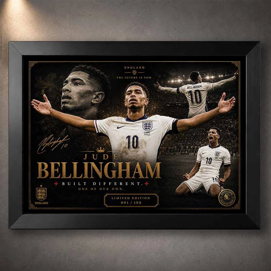 Framed sports art of Jude Bellingham celebrating for England, a limited‑edition design for premium collectors.