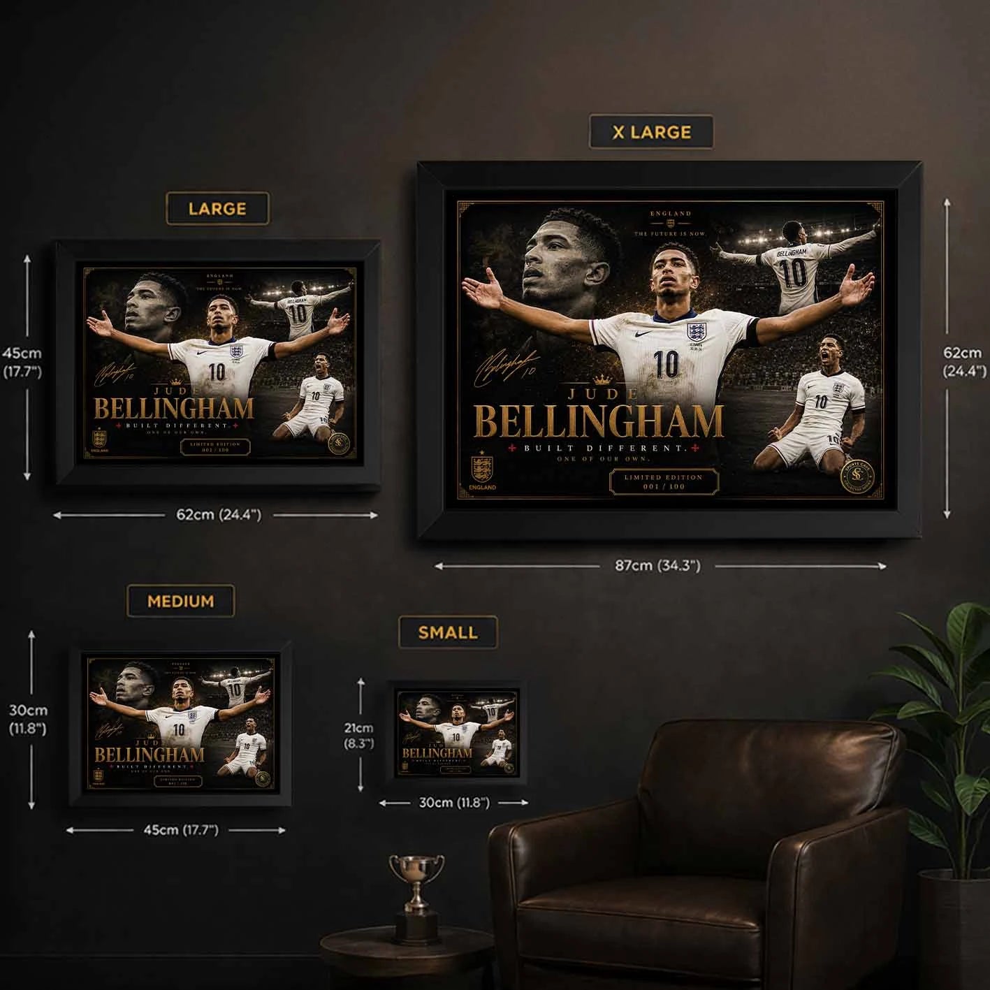 Size guide showing framed Jude Bellingham sports wall art in multiple dimensions for man cave and office spaces.