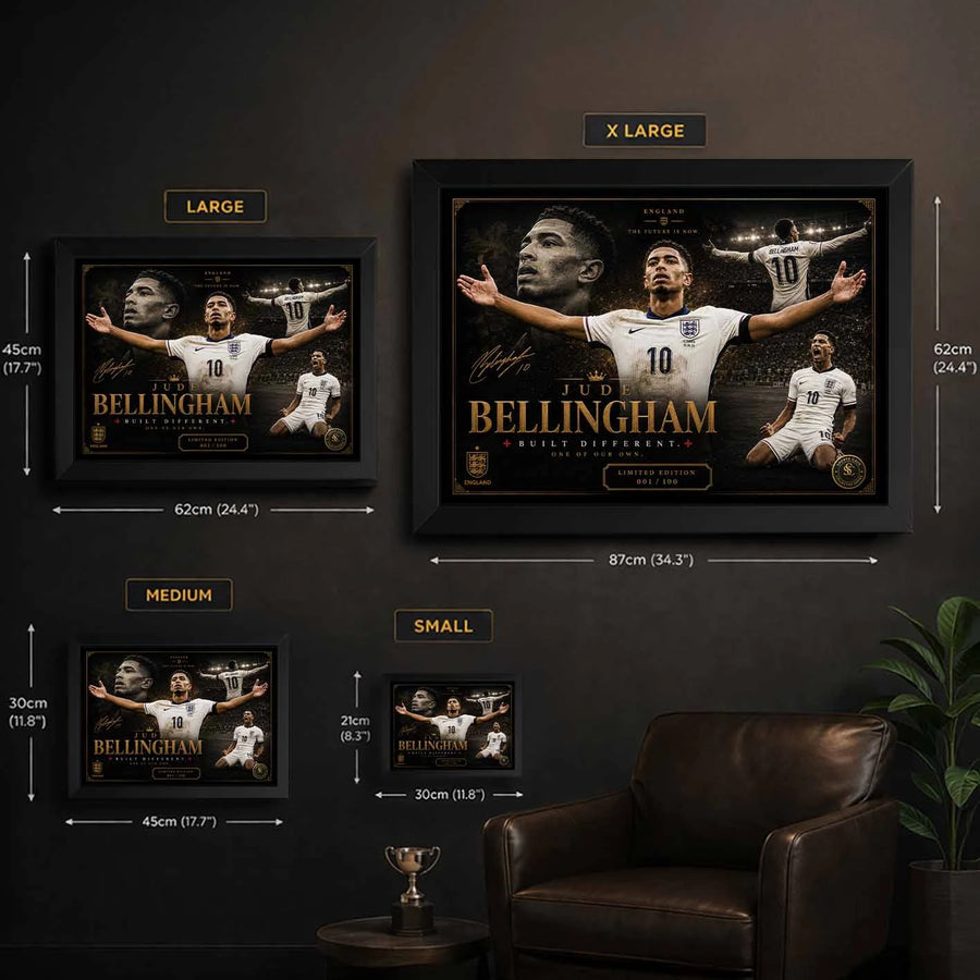 Size guide showing framed Jude Bellingham sports wall art in multiple dimensions for man cave and office spaces.