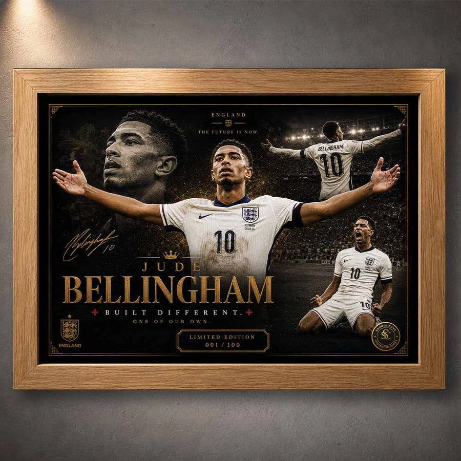 Limited‑edition framed sports memorabilia of Jude Bellingham in oak finish, crafted for refined football fans.