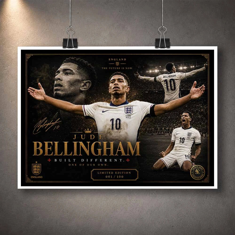 Unframed limited‑edition sports print of Jude Bellingham for England, ideal for minimalist sports art collectors.
