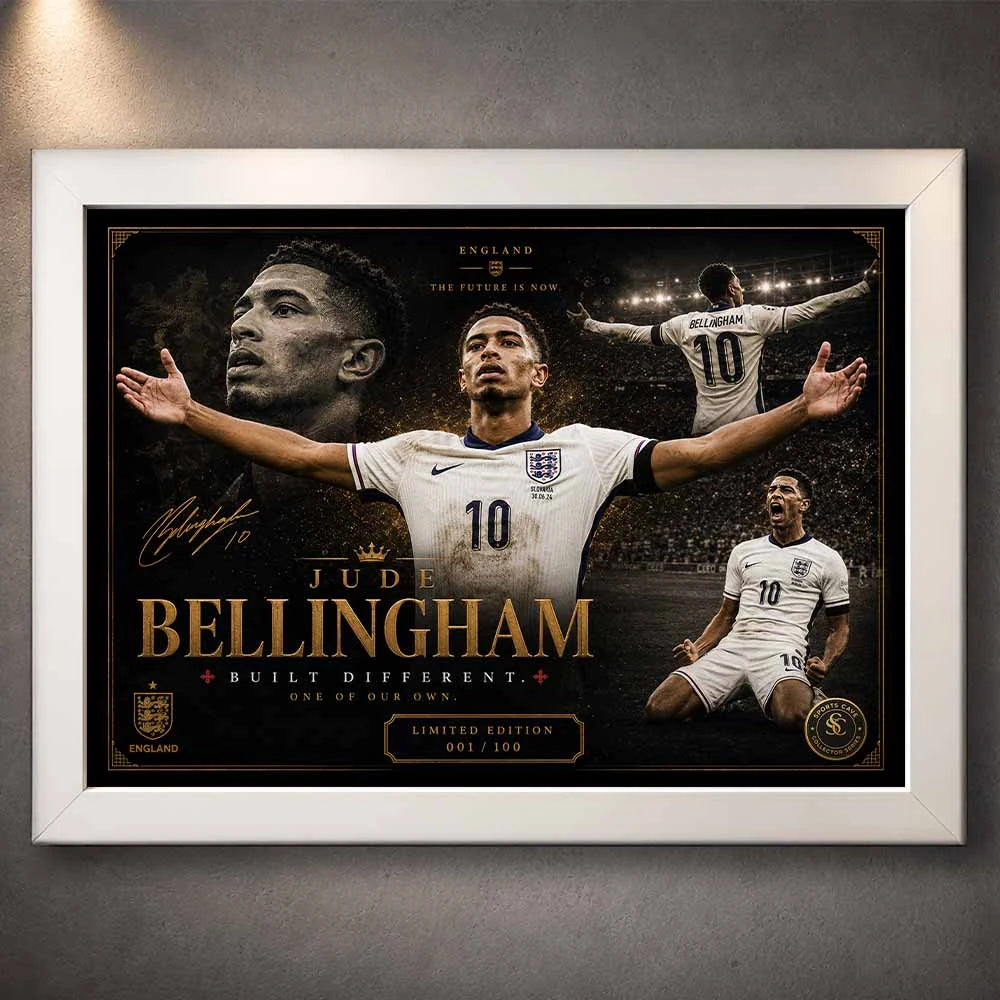 Elegant white‑frame sports wall art featuring Jude Bellingham in England kit, perfect for modern man cave décor.