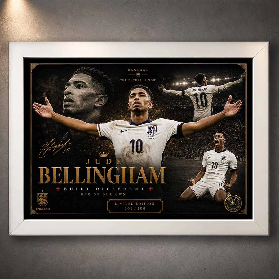 Elegant white‑frame sports wall art featuring Jude Bellingham in England kit, perfect for modern man cave décor.