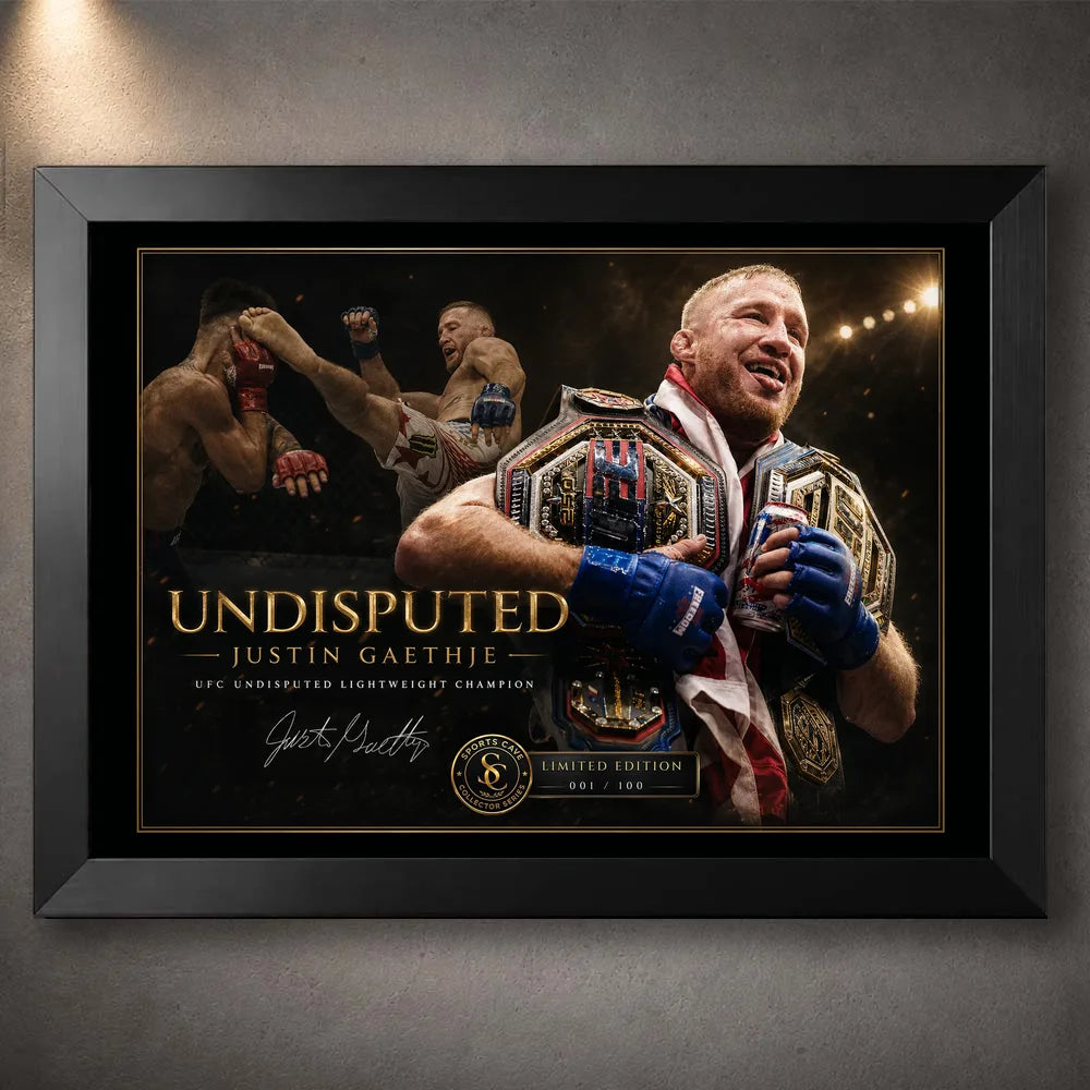 Black framed Justin Gaethje Undisputed wall art for combat sports fans and limited edition collectors.