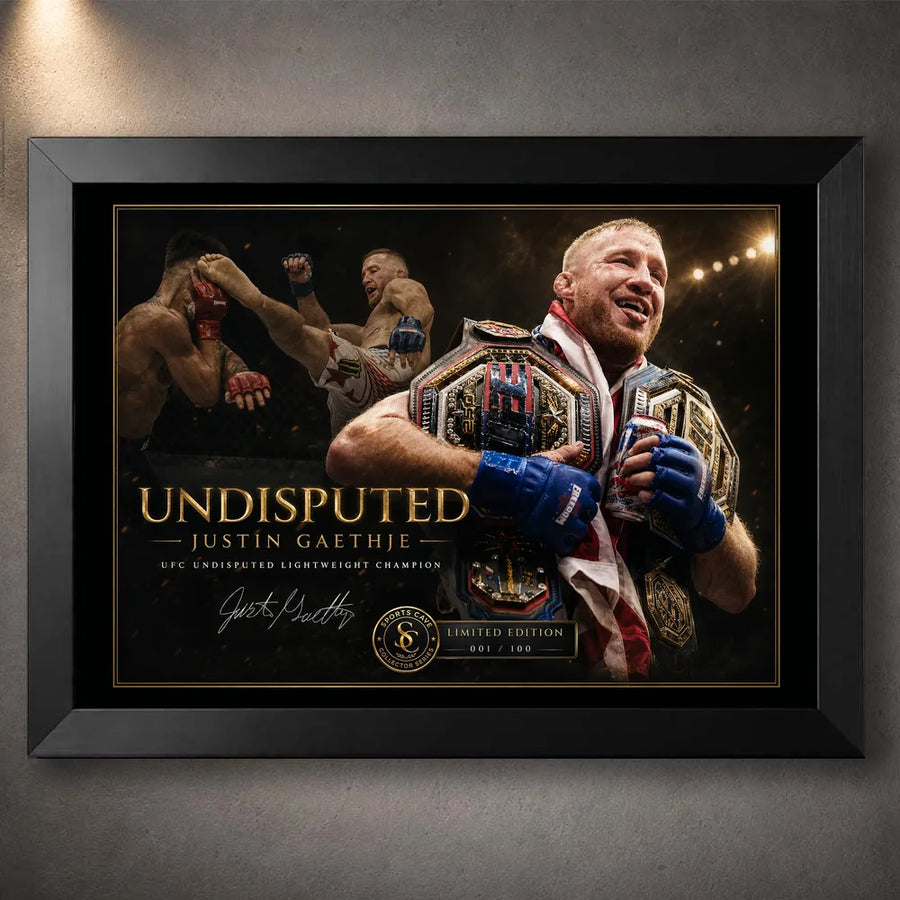 Black framed Justin Gaethje Undisputed wall art for combat sports fans and limited edition collectors.