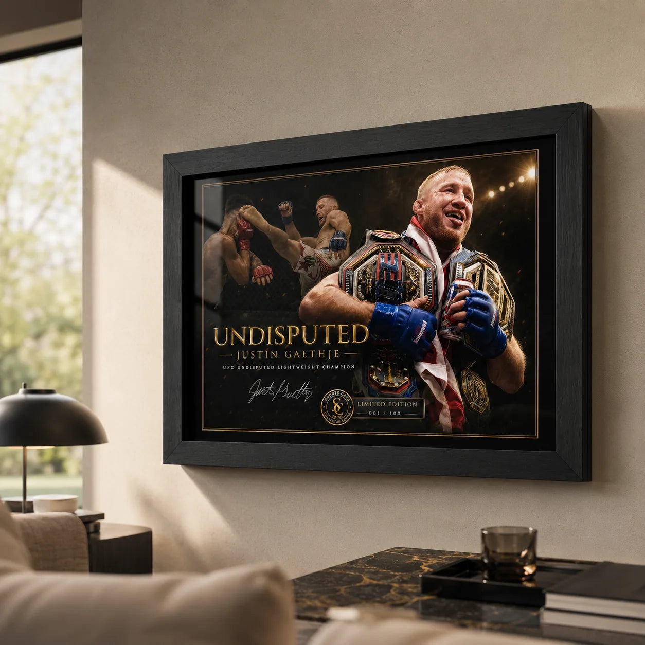 Justin Gaethje Undisputed combat sports wall art displayed in a modern living room for collectors.